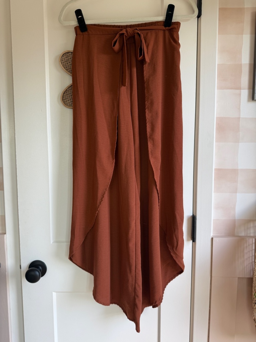 Cozy Casual Rust Wrap-Front Wide Leg Pants with Tie Waist